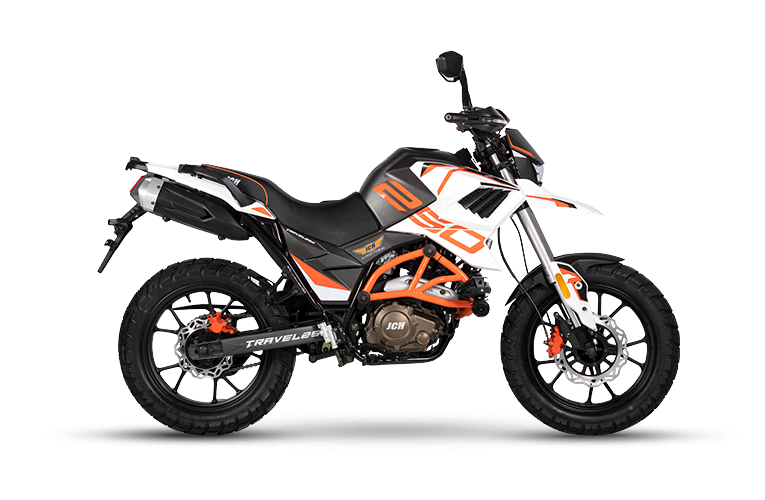Moto todo terreno TRAVEL 250 de color blanco con naranja